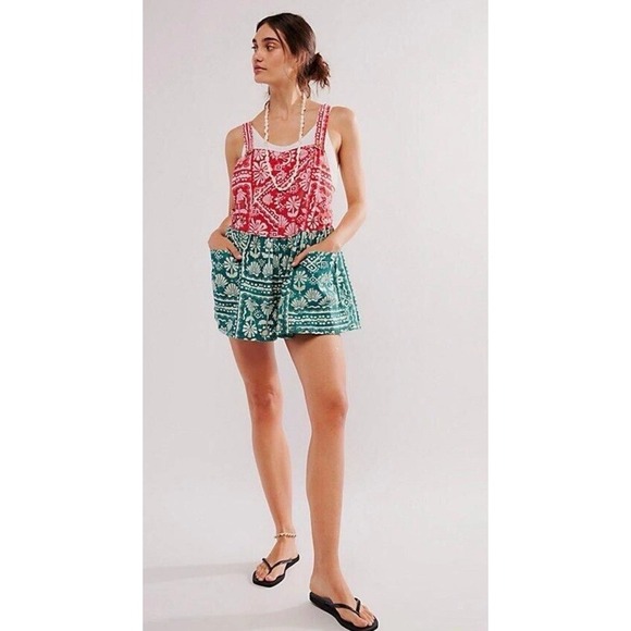Free People Pants - Free People Mixed Bandana Print Romper Red Teal Boho Strappy Jumpsuit NEW